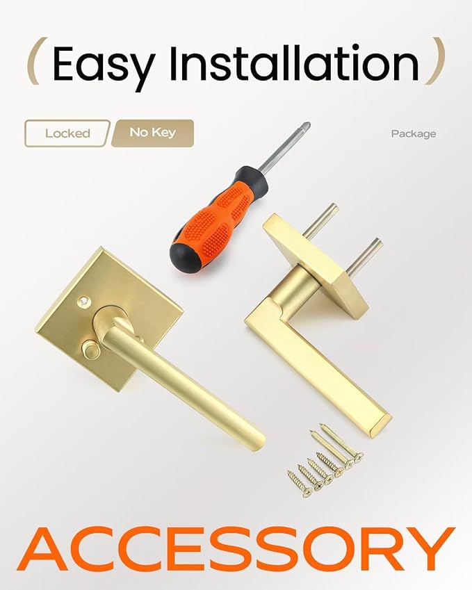 Leydebong 1 Pack Gold Door Handles, Keyless Privacy Door Levers Bed and Bath Leverset Lockset, Universal Handing with Square Door Knobs, Satin Brass Finish