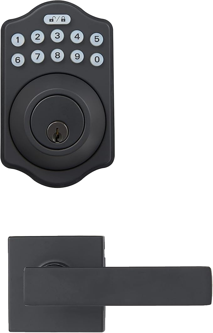 Amazon Basics Traditional Electronic Keypad, Keyless Entry Door Lock Deadbolt with Handle Set, Key Pad Front Door with Knob, Traditional Door Locks for Front Door, Door Handle, Matte Black, 1-Pack