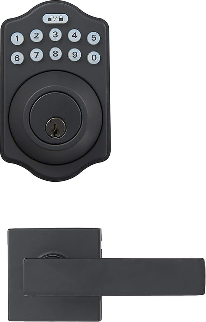 Amazon Basics Traditional Electronic Keypad, Keyless Entry Door Lock Deadbolt with Handle Set, Key Pad Front Door with Knob, Traditional Door Locks for Front Door, Door Handle, Matte Black, 1-Pack
