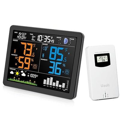 Uzoli EM3566 Weather Station Wireless Indoor Outdoor, 7.4“ Large Weather Station with Atomic Clock, Indoor Outdoor Temperature Humidity, Weather Forecast, Alarms with Snooze, Easy to Read