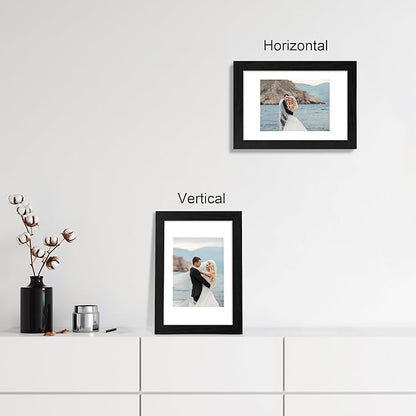 iRahmen 8x12 Picture Frame Set of 4 with HD Glass, Black Frame Display 6x8 Picture with Mat or 8 x 12 Without Mat, Wood Rustic Photo Frame for Tabletop and Wall Mounting