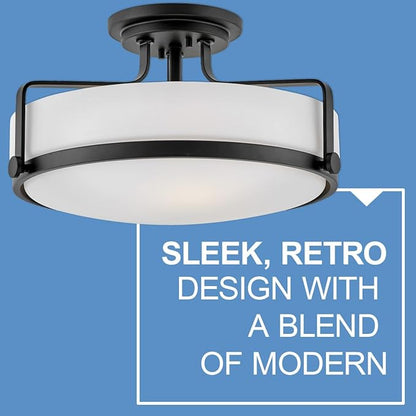 Hinkley Harper 3643BK Large Semi-Flush Ceiling Light - Sleek, Retro Style - Black + Etched Opal Glass