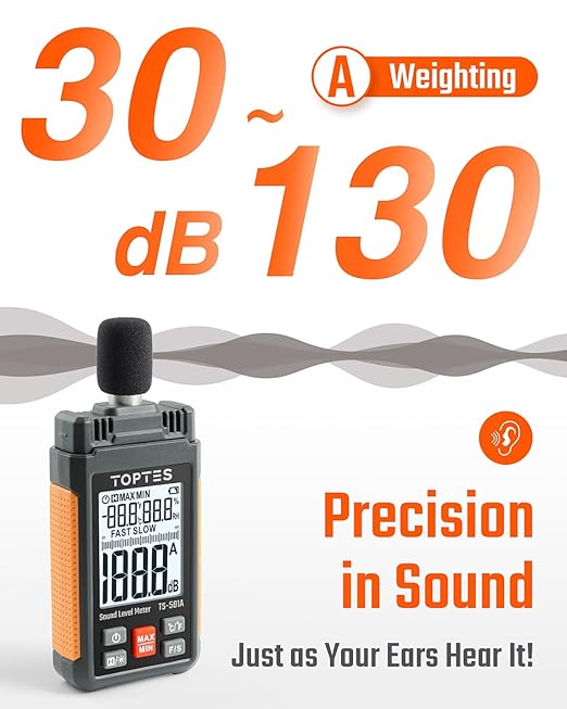 TopTes Decibel Meter, TS-501A Sound Level Meter with 2.25” Backlight LCD Screen, Portable SPL Tester with A Weighted, Range 30-130dB, Data Hold, MAX/MIN, Use for Home, Noisy Neighbor, Factory - Orange