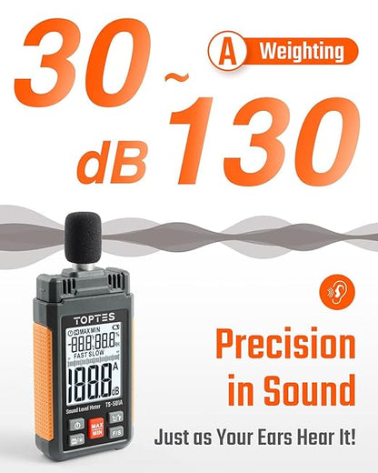 TopTes Decibel Meter, TS-501A Sound Level Meter with 2.25” Backlight LCD Screen, Portable SPL Tester with A Weighted, Range 30-130dB, Data Hold, MAX/MIN, Use for Home, Noisy Neighbor, Factory - Orange