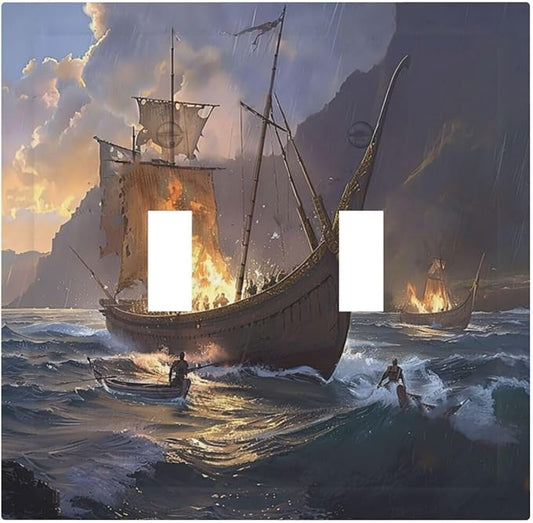 Decorative Switch Plate Covers Medieval Vintage Sailing Adventure Sailings Ocean Waves 2 Gang Double Toggle Light Switch Cover Plate Electrical Wall Plate Outlet Cover for Bedroom Cabin Decor