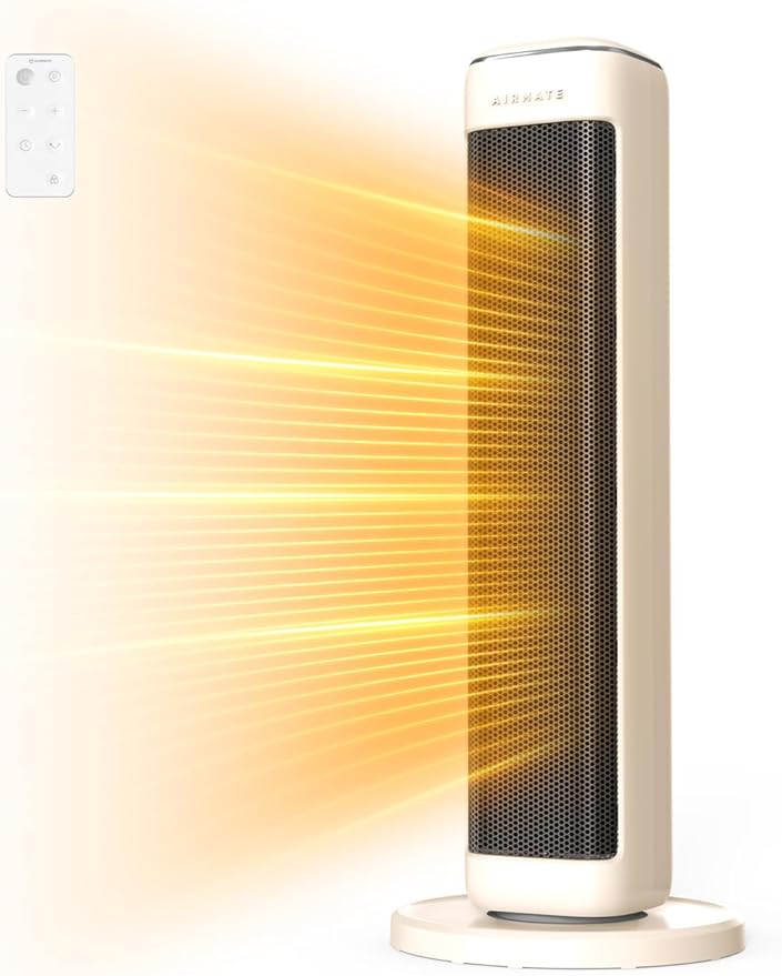 25" Space Heaters For Indoor Use Large Room, Electric Heaters For Indoor Use with Thermostat, Oscillating Room Heaters with Timer, Remote Control, Overheat Protection Tower Heater for Bedroom (Beige)