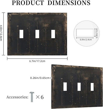 Decorative Light Switch Cover Plate Black And White Dandelion Art Vintage Wood Grain 3 Gang Wall Plate Triple Toggle Switch Plate Covers Electrical Outlet Cover for Farmhouse Cabin Decor