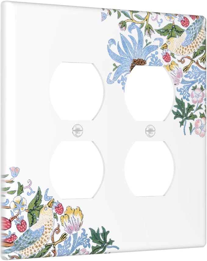 Decorative Outlet Covers Retro Morris Strawberry Rustic Plant Bird 2 Gang Wall Plate Cover Double Duplex Receptacle Two Switch Light Switch Cover Plate Jumbo Dual Faceplate