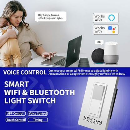 WiFi Bluetooth Smart Light Switch with APP Control Compatible with Alexa and Google Home Voice Control Touch Control Power Cut Off Easy Wall Install Works with Smart Life Tuya Remote Timer