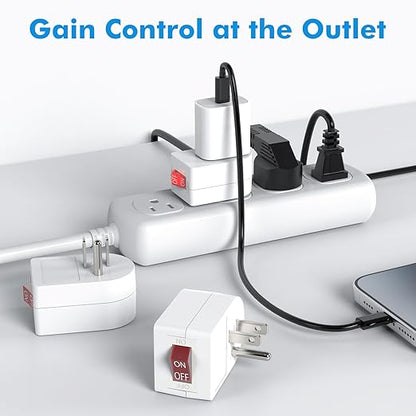 PowerCords [ETL Listed] 3Pack Grounded Outlet Switch w/ON/Off, Plug in Single Outlet Adapter Electrical Switches, Inline Power On Off Switch for Lamp/Devices – Cruise Safe, No Surge Protection, White