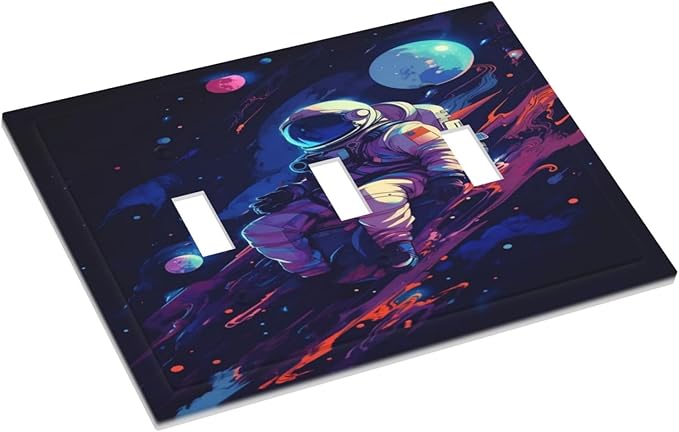 Decorative Light Switch Cover Plate Purple Space Astronaut Planet 3 Gang Wall Plate Oversized Triple Toggle Switch Cover Plate Jumbo Electrical Face Plate for Bedroom Home Decor