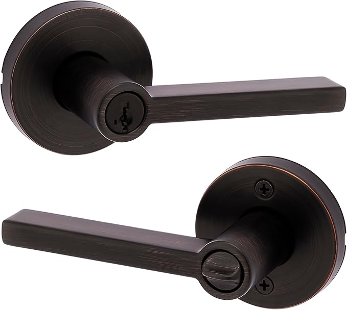 Kwikset Halifax Entry Door Handle with Lock and Key, Secure Round Keyed Reversible Lever Exterior, For Front Entrance and Bedrooms, Venetian Bronze, Pick Resistant Smartkey Rekey Security and Microban