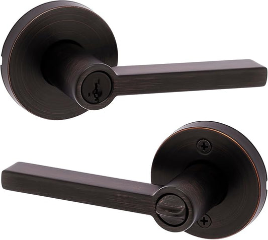 Kwikset Halifax Entry Door Handle with Lock and Key, Secure Round Keyed Reversible Lever Exterior, For Front Entrance and Bedrooms, Venetian Bronze, Pick Resistant Smartkey Rekey Security and Microban