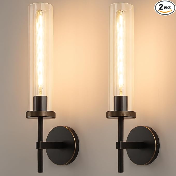 19.5" Knurled Brass Wall Sconces Set of 2, Black Gold Bathroom Vanity Light Fixtures with Clear Glass Tube, Modern Lamp Lighting for Bedroom, Living Room, Hallway, Staircase, Mirror, Kitchen
