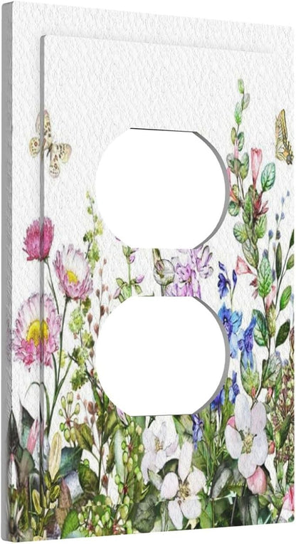 Boho Colorful Wildflowers Butterfly Green Plant Leaf Single Duplex Wall Plate Covers Light Switch Cover 1 Gang Outlet Plate Decorative Switchplate Covers Faceplate for Bathroom Decor