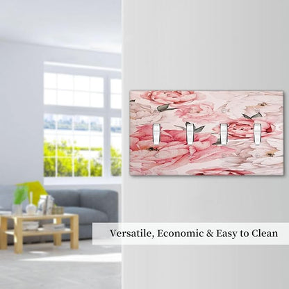 Decorative Light Switch Plate Covers Ink Pink Peony Flower Rustic Floral 4 Gang Light Switch Cover Quad Toggle Wall Plate Outlet Covers for Home Bedroom Decor