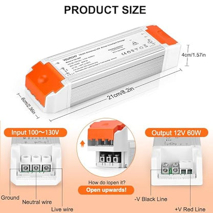 Dimmable LED Driver 12V DC 60W Triac Constant Transformer 120V AC to 12Volt DC Input/Output Isolation Protection 60Watt LED Power Supply Lighting Low Voltage Dimmer for Strip Light Model Vec1
