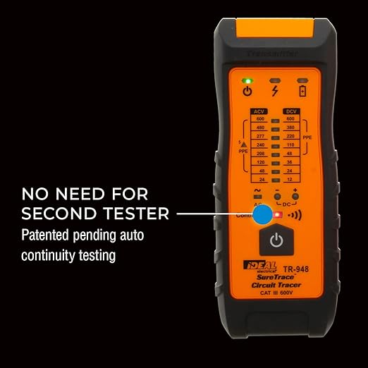 Ideal Electrical SureTrace Plus Circuit Tracer (61-948) 0-600 Volts AC/DC with Built-in Continuity Test and High-Visibility Displays — Find Breakers, Fuses, Wires, Dead Shorts, and Splice Errors