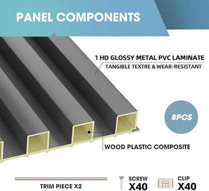 OUZUGIE WPC Acoustic Slat Wall Paneling, 8-Pack 114 x 6 Inches 3D Wall Panels for Interior Wall Decor,Living Room,TV Background,Study Room,Office Spaces,Bedroom,High Grille (Metallic Dark Gray)