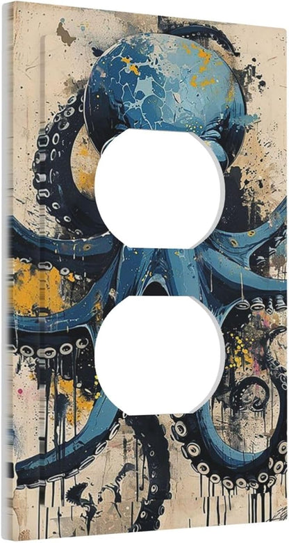 Outlet Covers Nautical Vintage Blue Octopus Yellow Eyes Oil Watercolor 1 Gang Duplex Wall Plate Decorative Switch Plates Electrical Receptacle Faceplate Light Switch Cover for Kids room