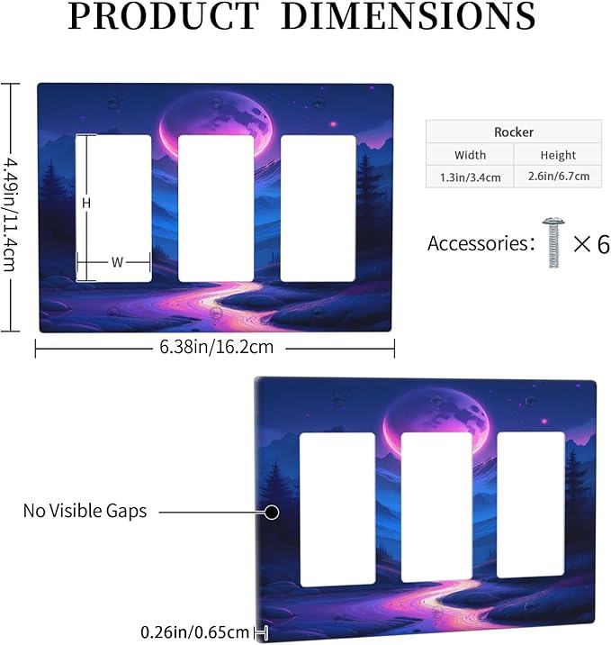 Purple Cyberpunk River Full Moon Mountain Forest Light Switch Covers 3 Gang Rocker Decorative Triple Outlet Wall Plate Cover Electrical GFCI Switchplate for Bedroom Bathroom Decor