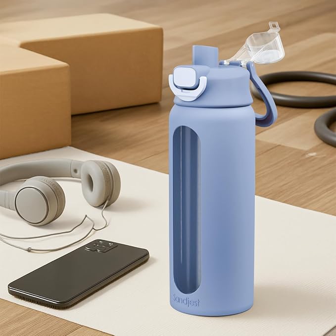 SANDJEST Glass Water Bottle with Silicone Sleeve 24oz with Lid, Motivational Time Marker, Drinking Hydration Glass Bottles for Men Women, Gym Travel Sports (Blue)