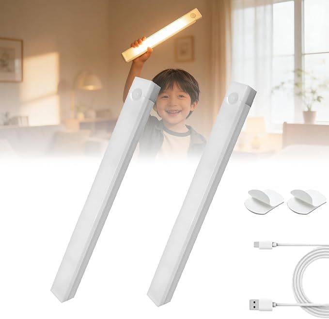 Punch-Free Smart Sensor Magnetic Rechargeable Led Lights, Rechargeable Motion Sensor Lights, Motion Sensor Light Indoor, for Wardrobes Kitchens Closets and Studios (2Set-Warm,20cm/7.87in)