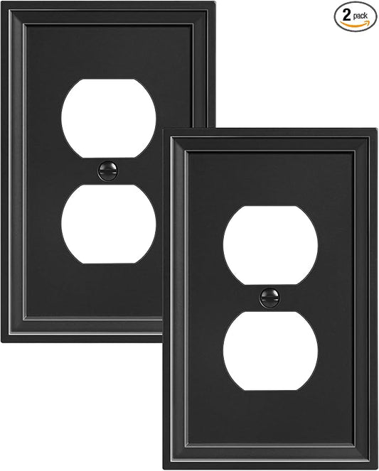 2-Pack Duplex Outlet Cover, Natural Bamboo Fiber Switch Plates and Outlet Covers, Black Decorative Wall Plates for Electrical Outlets, 1 Gang Receptacle Cover, Corrosion Resistant