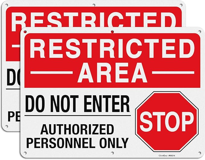 GicnKeuz Large "Restricted Area - Do Not Enter, Authorized Personnel Only" Metal Signs, 14 x 10 Inches Reflective Aluminum Signs, Fade Resistant/Waterproof, Easy to Install, Outdoor Use (2-Pack)