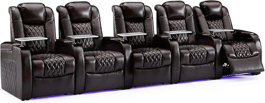 Weilianda Home Theater Seating Top Grain Leather Zero Gravity Recliner Chair Power Headrest Recline Movie Seat Gaming 7 Colors Mood Light Sofa with Tray Table USB Charge Row of 5 Brown