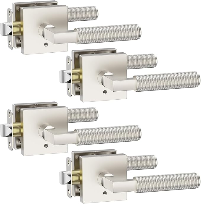 Asidrama 4 Pack Brushed Satin Nickel Privacy Door Handles, Door Lever with Door Knobs Indoor for Bedroom or Bathroom, Heavy Duty Door Handles Interior with Locks for Left Right Sided Doors