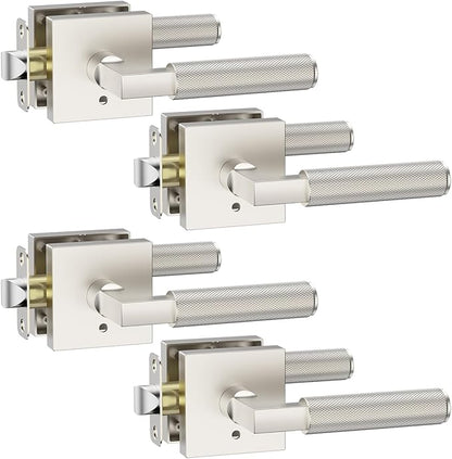Asidrama 4 Pack Brushed Satin Nickel Privacy Door Handles, Door Lever with Door Knobs Indoor for Bedroom or Bathroom, Heavy Duty Door Handles Interior with Locks for Left Right Sided Doors
