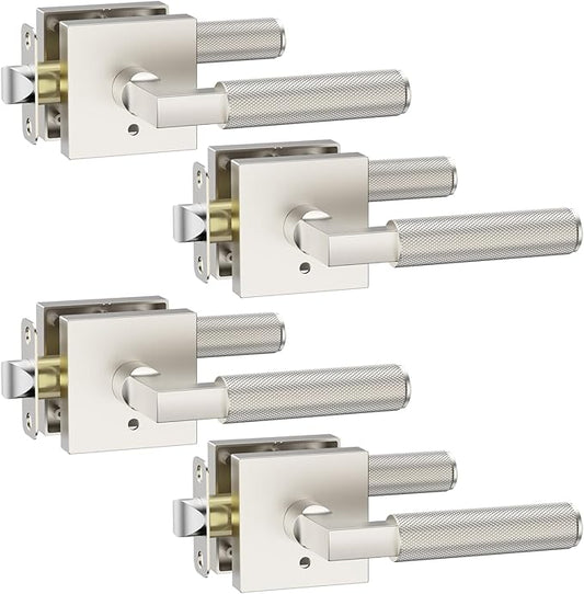 Asidrama 4 Pack Brushed Satin Nickel Privacy Door Handles, Door Lever with Door Knobs Indoor for Bedroom or Bathroom, Heavy Duty Door Handles Interior with Locks for Left Right Sided Doors