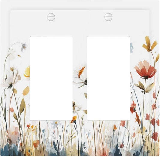 Watercolor Wildflower Colorful Floral Plant Decorative Outlet Covers 2 Gang Double GFCI Rocker Electrical Wall Panels Light Switch Cover Plate for Bed Room Living Room Decor