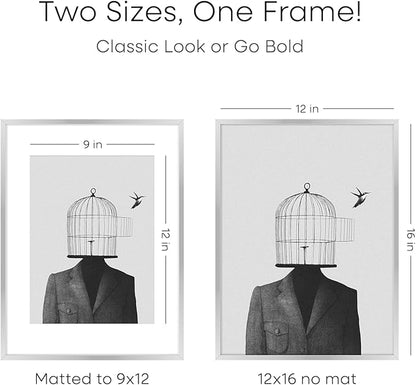Homeforia 12 x 16 Picture Frame Silver, High End Metal 12x16 Poster Frames with Mat 9x12 Photo, 12 x 16 Silver Frame Matted to 9 x 12 in Print, 16by12 Hanging Frame, Tempered Glass, Wall Kit, Set of 3