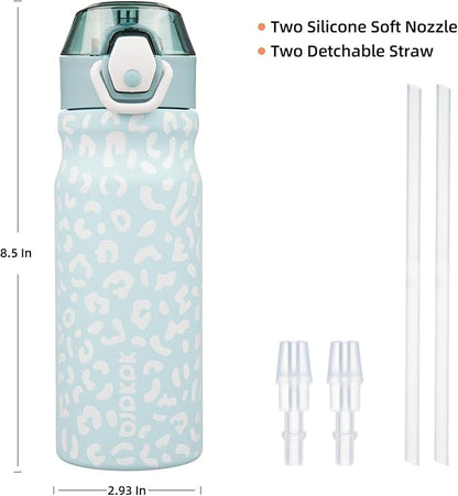 BJPKPK Insulated Water Bottle 18oz Stainless Steel Water Bottles with Straw and Carry Handle Double Wall Metal Thermal Flask,Light Blue Leopard