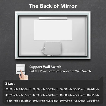 ROOMTEC 48X30 Inch Led Mirror for Bathroom,Backlit Lighted,Anti-Fog, Dimmable, Vertical & Horizontal Mount (Square-48 * 30",Frosted), Silver