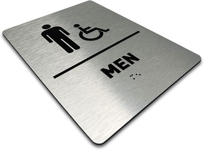 Men/Wheelchair Bathroom Sign by GDS - ADA Compliant, Wheelchair Accessible, Raised Icons, & Grade 2 Braille - Includes Adhesive Strips for Easy Installation - Bathroom Signs for Business, Restroom Sign, Restroom Signs for Business - 6" W x 8" H (Brushe...