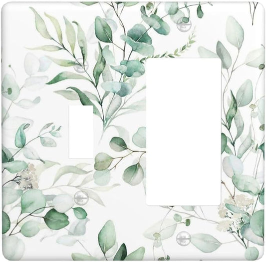 Boho Green Eucalyptus Leaf Floral Plants Flowers Outlet Covers 1 Toggle 1 Rocker Combination Decorative Wall Plate Electrical Switch Plates Light Switch Cover Plate for Bed Room Living Room Decor
