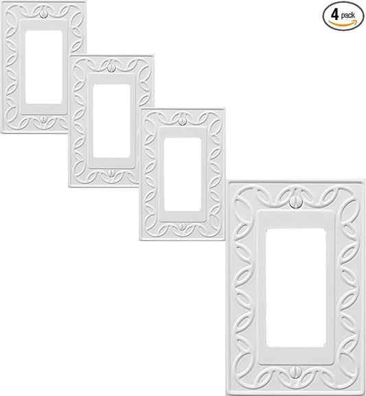 Single Decorator Light Switch Cover NovaBloom Metal Wall Plate, 4-Pack White 1 Gang Single Rocker, for Receptacle Dimmer Switch Cover GFCI Outlet Decorative Wallplate, Durable