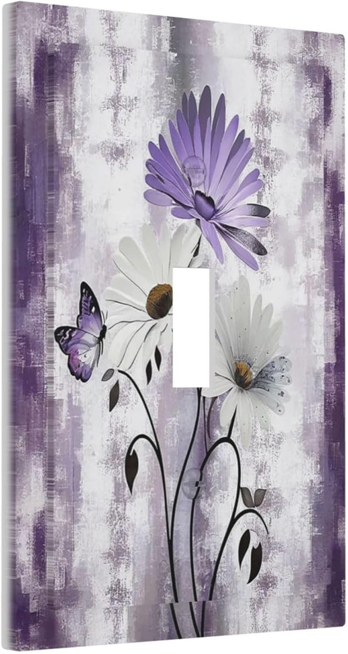 Purple Daisy White Floral Butterfly Flowers Single Toggle Light Switch Cover plate Outlet Cover Decorative Switchplate Wall Plates Electrical Panel Cover for Bathroom Living Room 5 X 3 IN
