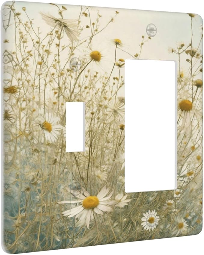White Wildflowers Daisy Vintage Floral Outlet Covers 1 Toggle 1 Rocker Combination Decorative Wall Plate Electrical Switch Plates Light Switch Cover Plate for Bed Room Living Room Decor
