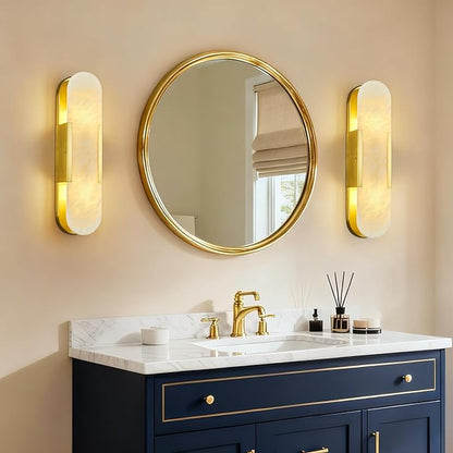 Brass Alabaster Wall Sconce, Modern Natural Marble Wall Sconces for Indoor Lighting, 19.7 in Gold Wall Lights for Bathroom Dining Room Stairs Bedroom (1-Pack)