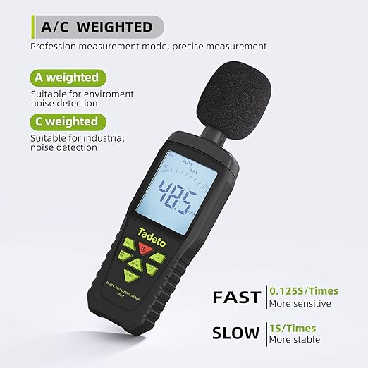 Decibel Meter, Tadeto Digital Sound Level Meter Portable SPL Meter 30dB to 130dB(5 Measurement Range) Backlight LCD Display, MAX/MIN Noise Measurement, Audible and Visual Alarms,Data Hold, A/C Mode