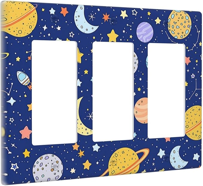 Stars Starry Night Sun Moon Planet Constellations Light Switch Covers 3 Gang Rocker Decorative Triple Outlet Wall Plate Cover Electrical GFCI Switchplate for Bedroom Bathroom Decor