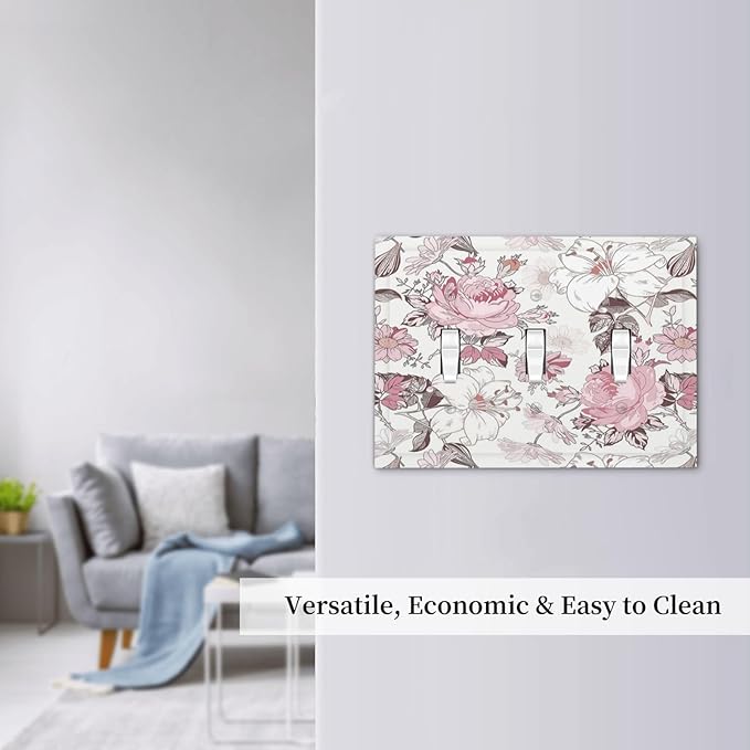 Decorative Switch Plates Modern Watercolor Flower Pink White Wildflower 3 Gang Wall Plate Faceplate Triple Toggle Light Switch Cover Electrical Wall Panels for Bedroom Home Decor