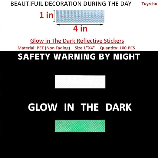 Glow in The Dark Reflective Stickers 1 inch X 4 inch for Car, High Visibility Warning Safety Reflective Strips (100 Pcs)