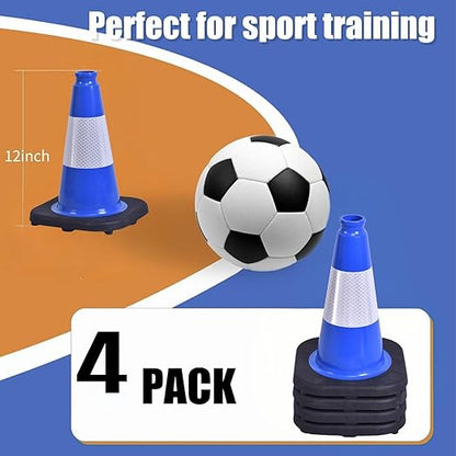 BESEA 4Pack 18 Inch Blue Traffic Cones with 6 Inch Reflective Collar, Heavy Duty PVC Safety Cones with 10.5 x 10.5 Inch Base for Parking, Driving Practice, Sports Training, and Construction