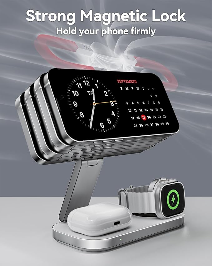 3 in 1 Wireless Charging Station for Apple Devices, Magnetic Foldable Fast Charger Stand Compatible with MagSafe for iPhone Air/17/16/15/14/13/12 Series, Apple Watch & AirPods Pro/4/3/2