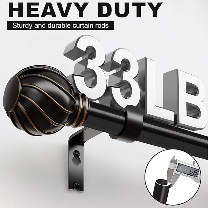 Black Curtain Rods for Windows 72 to 144 Inch 7/8" Diamete Heavy Duty Adjustable Window Curtain Rod with Decorative Finials for Farmhouse Bedroom Living Room Kitchen Outdoor